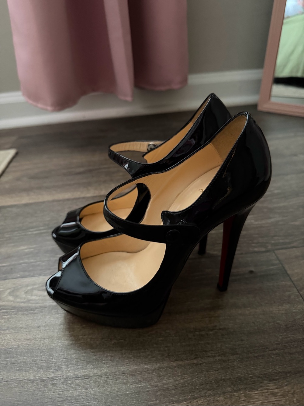 Christian Louboutin Black Patent Mary Jane Peep-Toe Platform Heels - Women Shoes